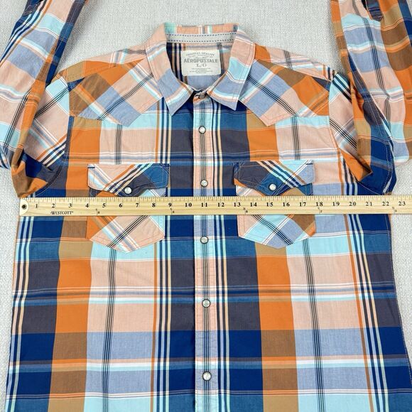 Aeropostale Mens Large Plaid Shirt Western Pearl Snap Button Long Sleeve Orange - Picture 12 of 16